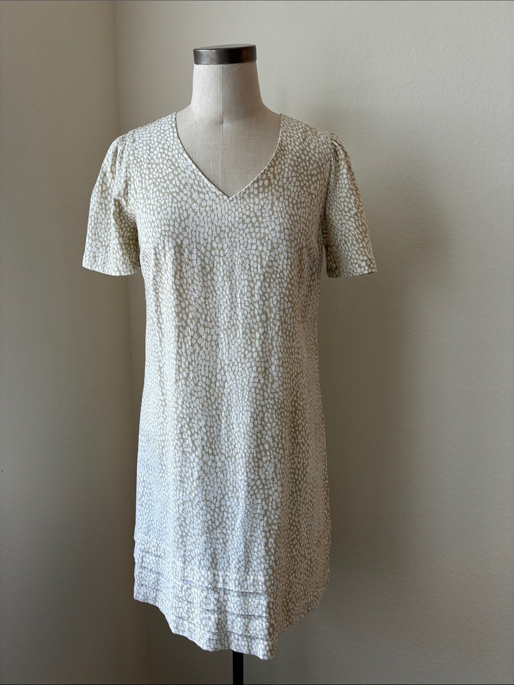 Fawn Print Linen Viscose Summer Dress Puff Sleeves Pintuck Hem Sz S Feminine
